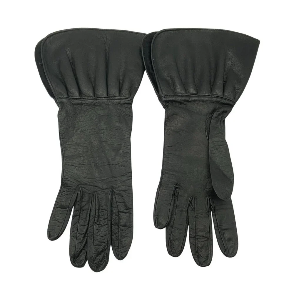 Vintage black leather driving gloves size 7 Pouf peplum‎ flared wrist